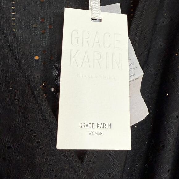 NWT Grace Karin black eyelet textured long sleeve faux wrap blouse Women's 2X - Picture 4 of 6